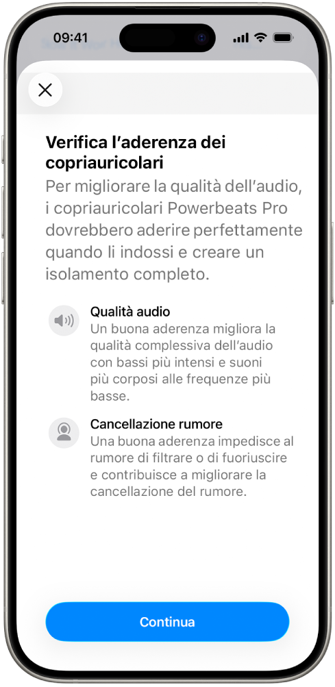 Una schermata di iPhone che mostra “Test aderenza copriauricolari”.
