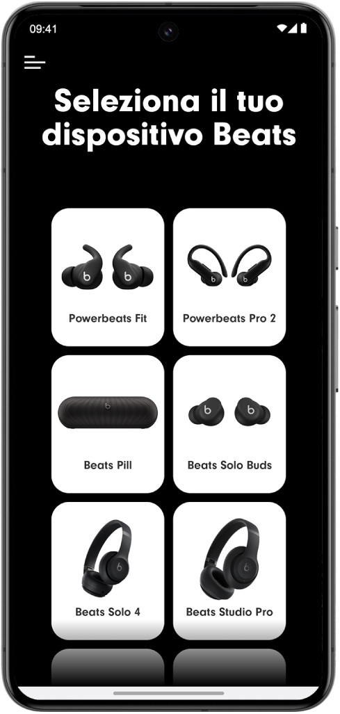 La schermata “Seleziona Beats” dell’app Beats che mostra i dispositivi Beats supportati.