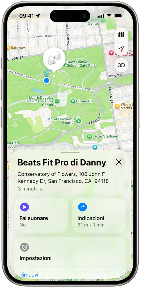 La schermata dell’app Dov’è su iPhone che mostra la posizione dei Beats Fit Pro su una mappa di San Francisco.
