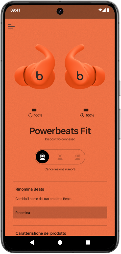 La schermata del dispositivo dell’app Beats che mostra gli auricolari Powerbeats Fit connessi.