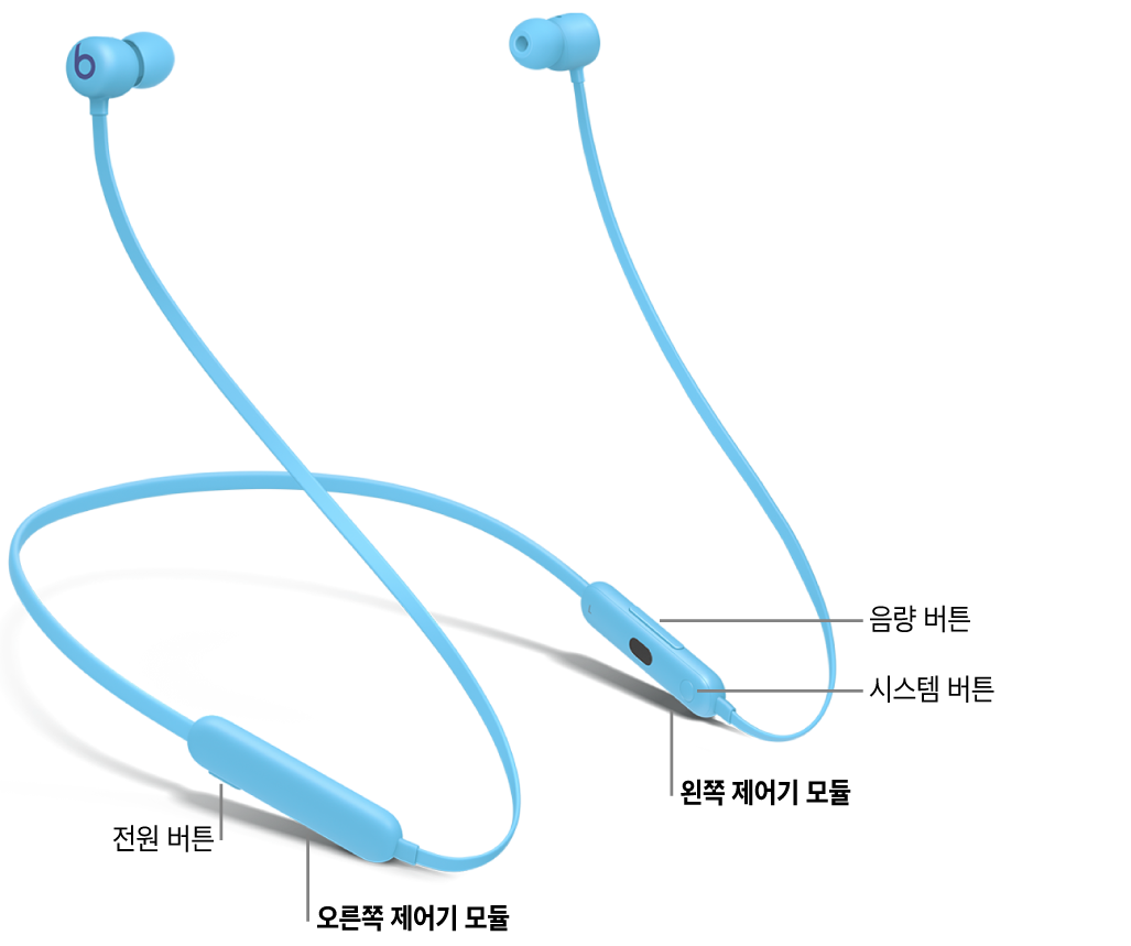 오른쪽 제어기 모듈에 있는 전원 버튼의 위치와 왼쪽 제어기 모듈에 있는 음량 버튼 및 시스템 버튼의 위치가 표시된 Beats Flex의 이미지.