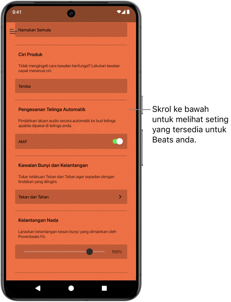 Skrin peranti app Beats menunjukkan seting yang tersedia untuk fon telinga Powerbeats Fit yang disambungkan.