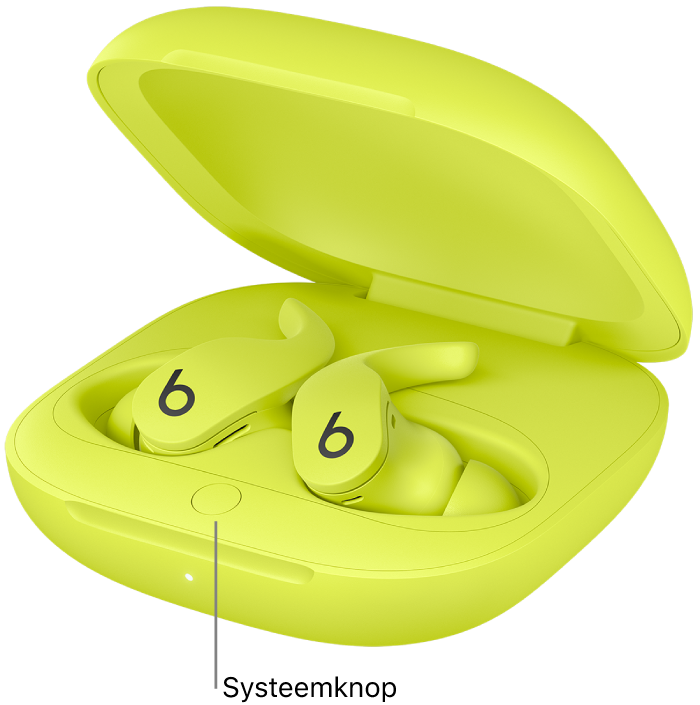 De systeemknop op de Beats Fit Pro, in de oplaadcase.