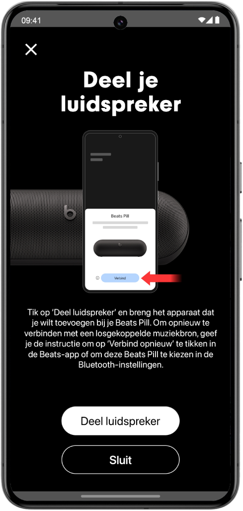 Het scherm 'Deel je luidspreker' in de Beats-app met de knoppen 'Deel luidspreker' en 'Sluit'.