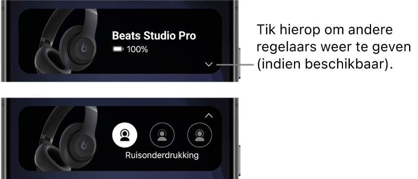 In de eerste afbeelding is de Beats-appwidget te zien met een verbonden Beats Studio Pro-koptelefoon en een knop om andere regelaars weer te geven. In de tweede afbeelding zijn de regelaars voor ruisonderdrukking in de widget te zien.