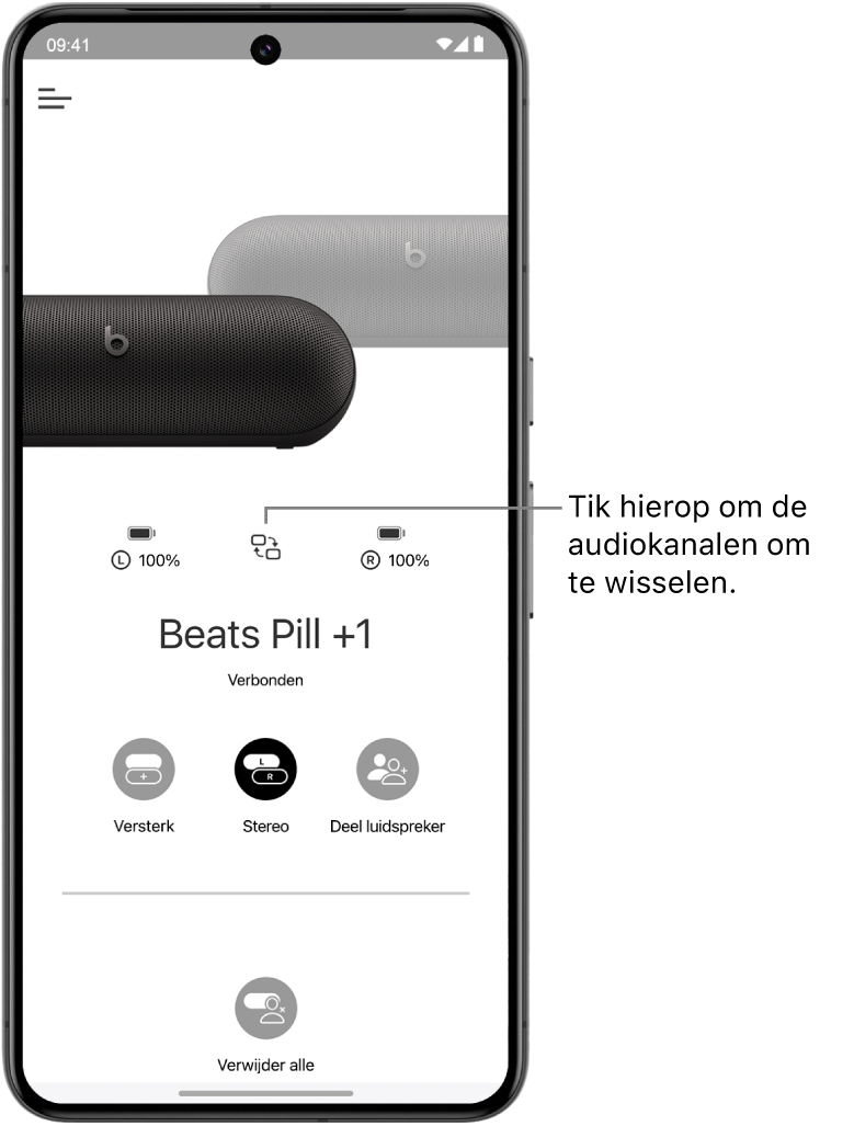 Het apparaatscherm van de Beats-app met twee verbonden Beats Pill-luidsprekers in een stereogroep en de knop voor het wijzigen van de audiokanalen.
