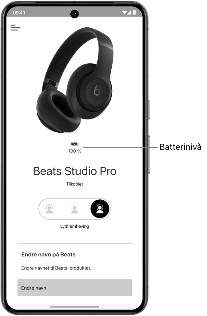 Enhetsskjerm i Beats-app, med batterinivået for tilkoblede Beats Solo 4-hodetelefoner.