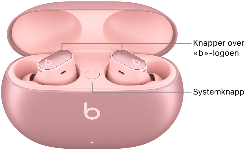 Bilde av Beats Studio Buds +, med plasseringen av knappene over «b»-logoen på ørepluggene og plasseringen av systemknappen inni ladeetuiet.