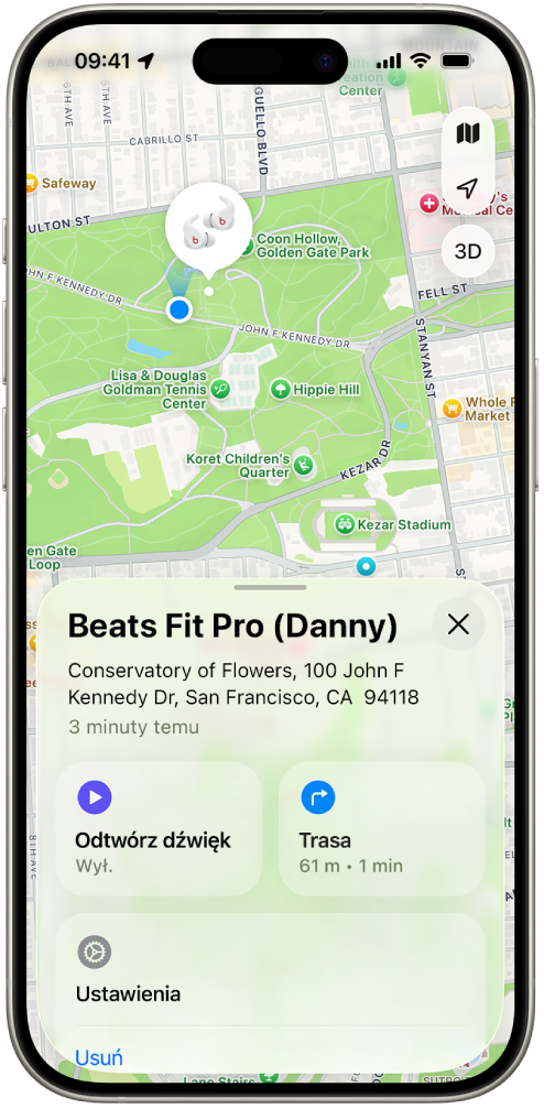W aplikacji Znajdź na iPhonie pokazane jest na mapie położenie słuchawek Beats Fit Pro na mapie San Francisco.