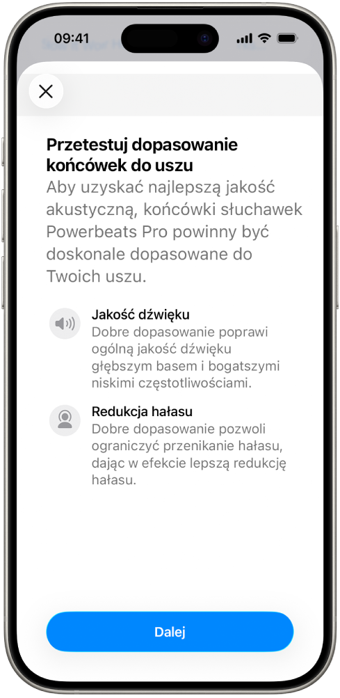Ekran iPhone’a wyświetlający test dopasowania końcówek.
