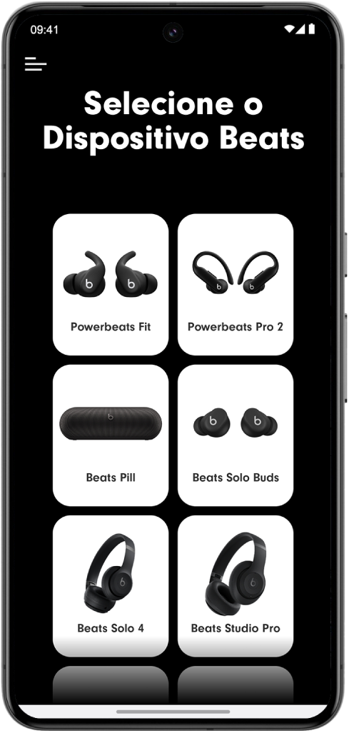 A tela Selecione o Dispositivo Beats no app Beats mostrando os dispositivos Beats compatíveis.