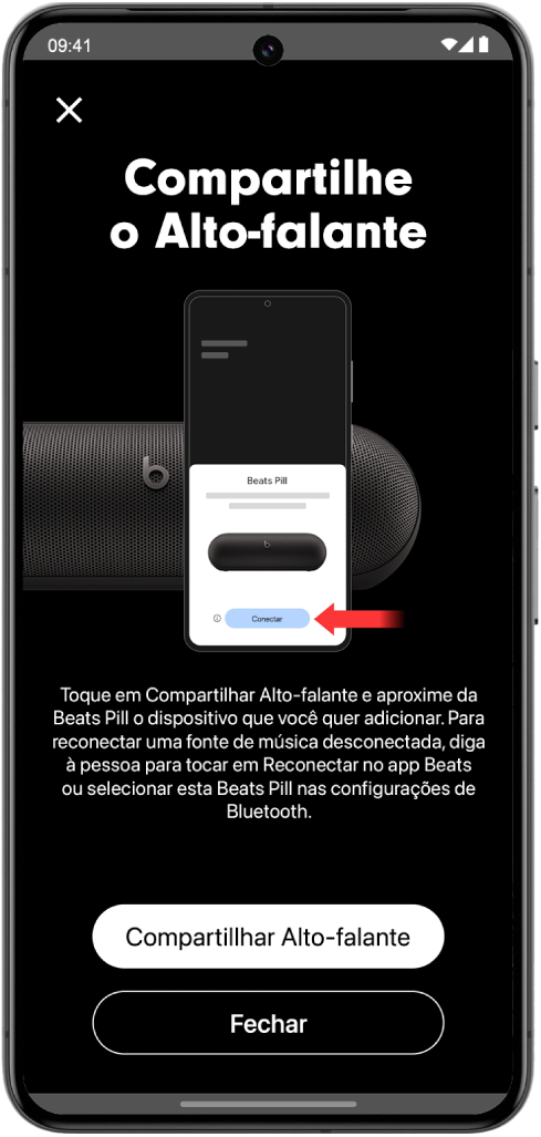 A tela Compartilhe o Alto-falante do app Beats mostrando os botões Compartilhar Alto-falante e Fechar.