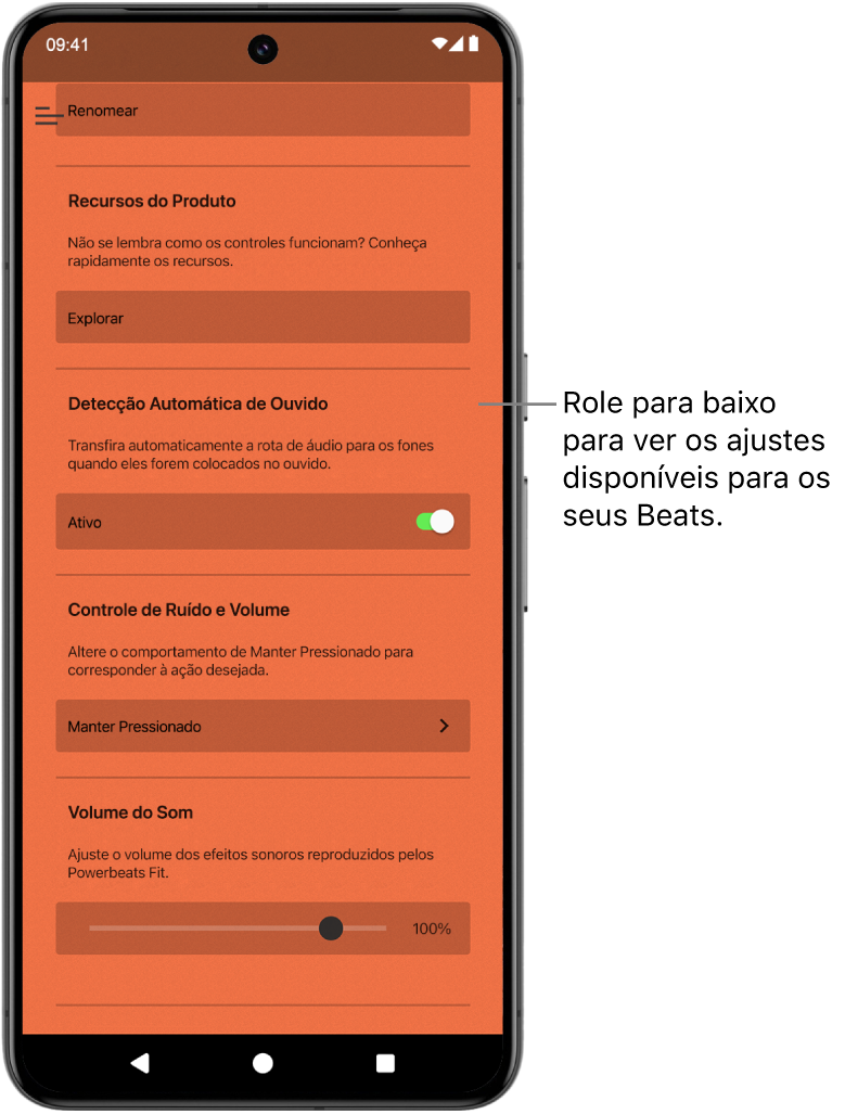 Tela do dispositivo do app Beats mostrando os ajustes disponíveis para os fones de ouvido Powerbeats Fit conectados.