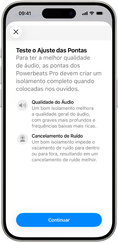 Tela de um iPhone exibindo o Teste do Ajuste das Pontas.