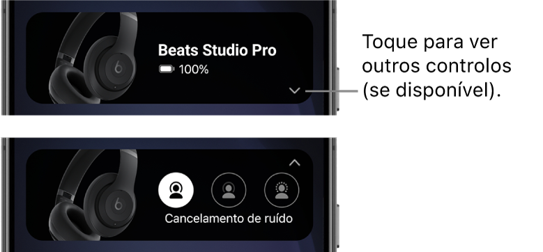A primeira imagem mostra o widget da aplicação Beats que apresenta os auscultadores Beats Studio Pro ligados e um botão para apresentar outros controlos; a segunda imagem mostra os controlos de cancelamento de ruído no widget.