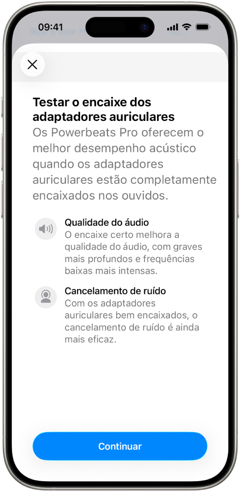 Ecrã de um iPhone com o teste de encaixe dos adaptadores auriculares.