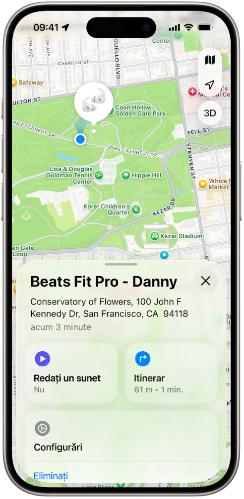 Ecranul aplicației Găsire de pe iPhone afișând localizarea căștilor Beats Fit Pro pe o hartă a orașului San Francisco.