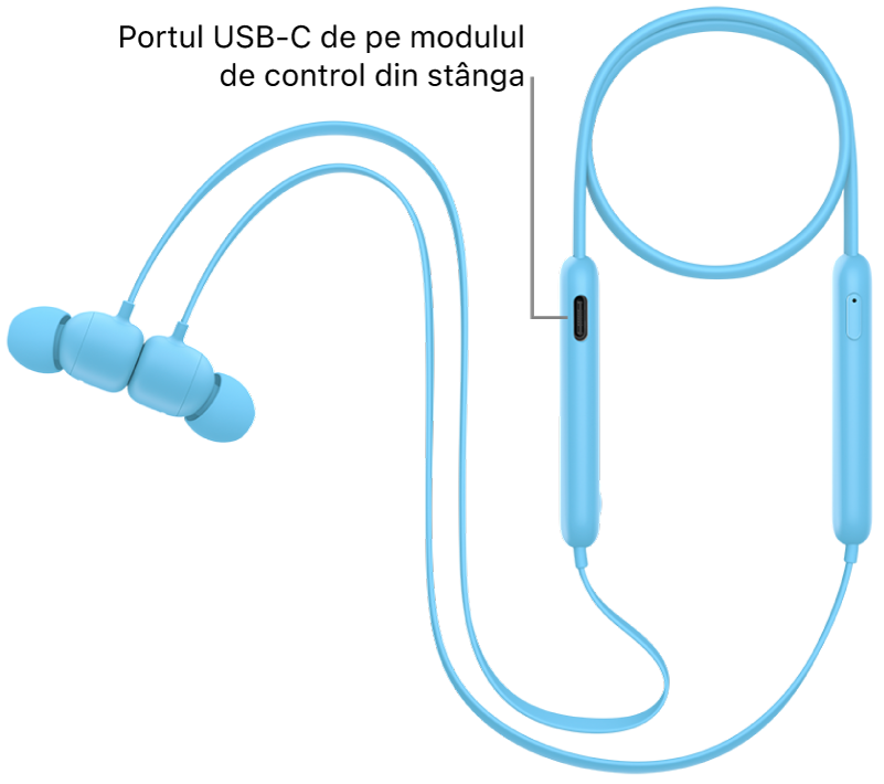 Portul de încărcare USB-C din partea de jos a modulului de control Beats Flex din stânga.