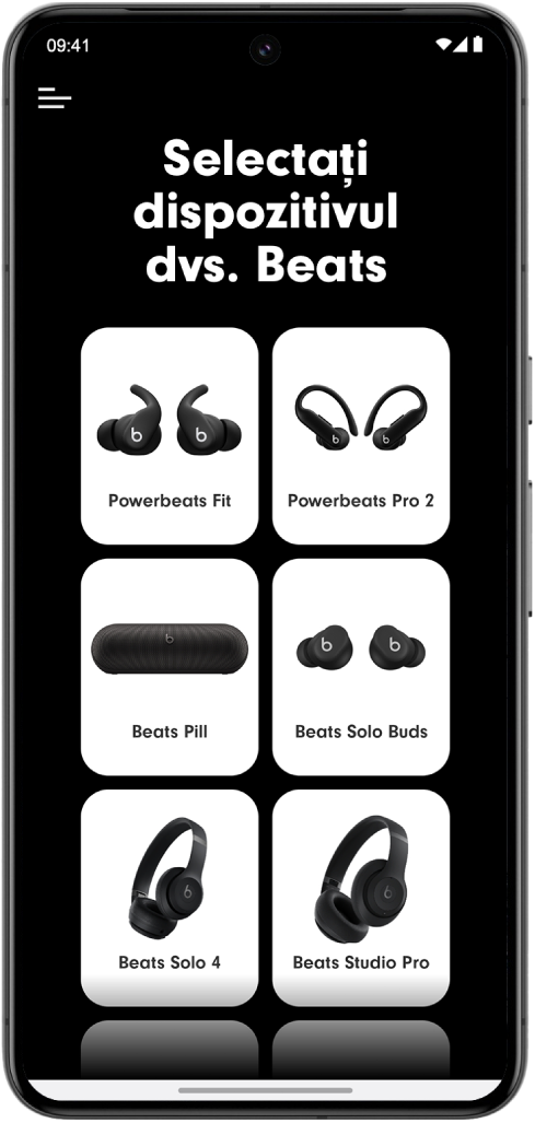 Ecranul „Selectați dispozitivul dvs. Beats” din aplicația Beats afișând dispozitivele Beats compatibile.