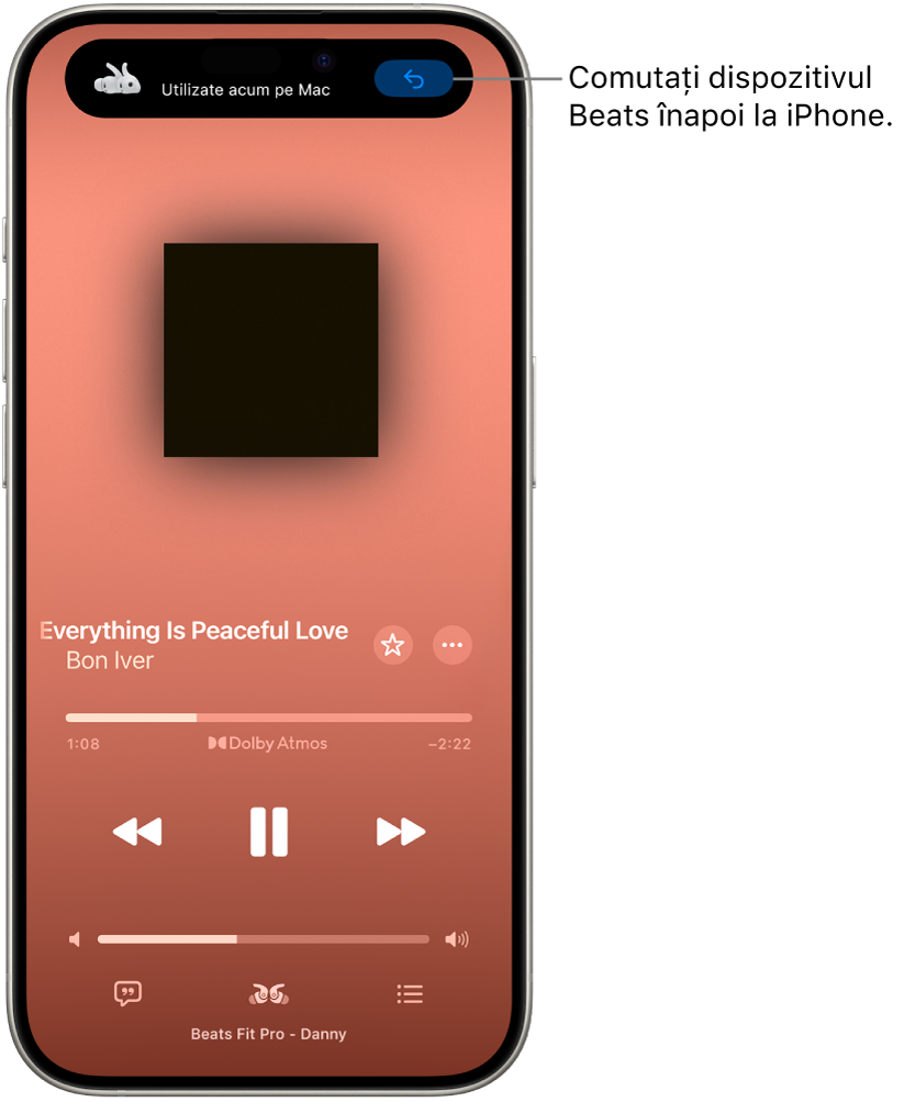 Un ecran Apple Music pe iPhone, având în partea de sus mesajul „Utilizate acum pe Mac” și un buton pentru comutarea Beats înapoi pe iPhone.