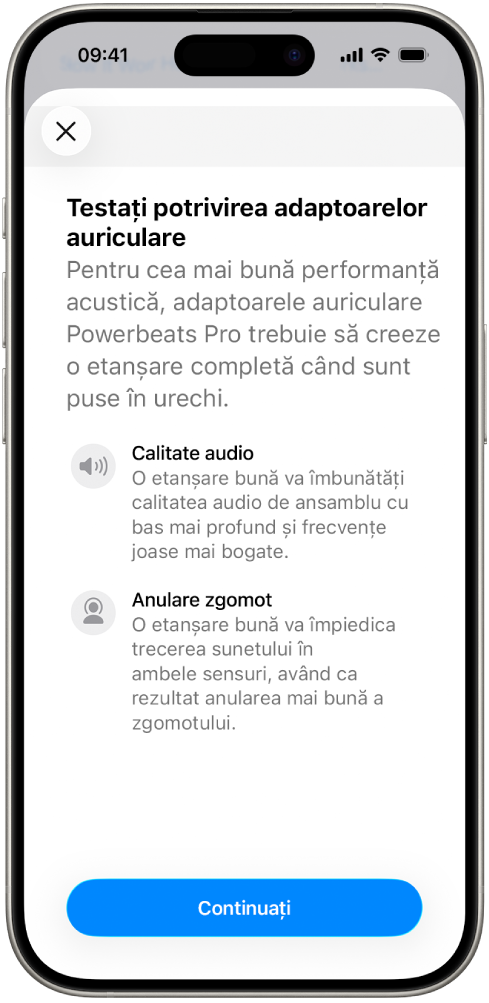 Ecranul unui iPhone afișând testul de potrivire a adaptoarelor auriculare.