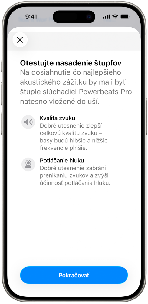 Obrazovka iPhonu zobrazujúca test správneho nasadenia koncoviek.
