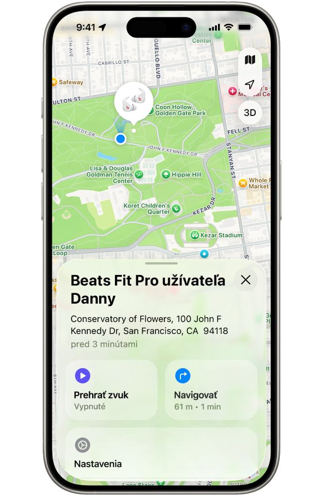 V apke Nájsť na iPhone je na mape San Francisca zobrazená poloha slúchadiel Beats Fit Pro.