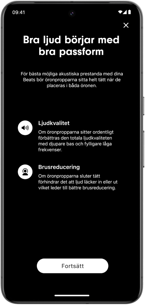 En Android-enhetsskärm som visar Test av öronpropparnas passform.