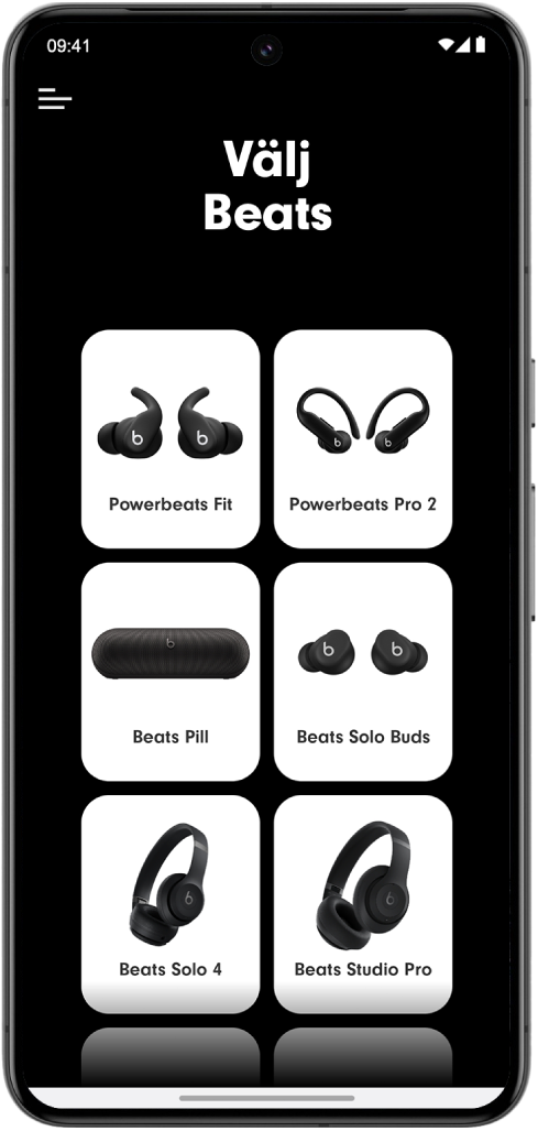 Beats-appens skärm Välj Beats visar Beats-enheter som stöds.