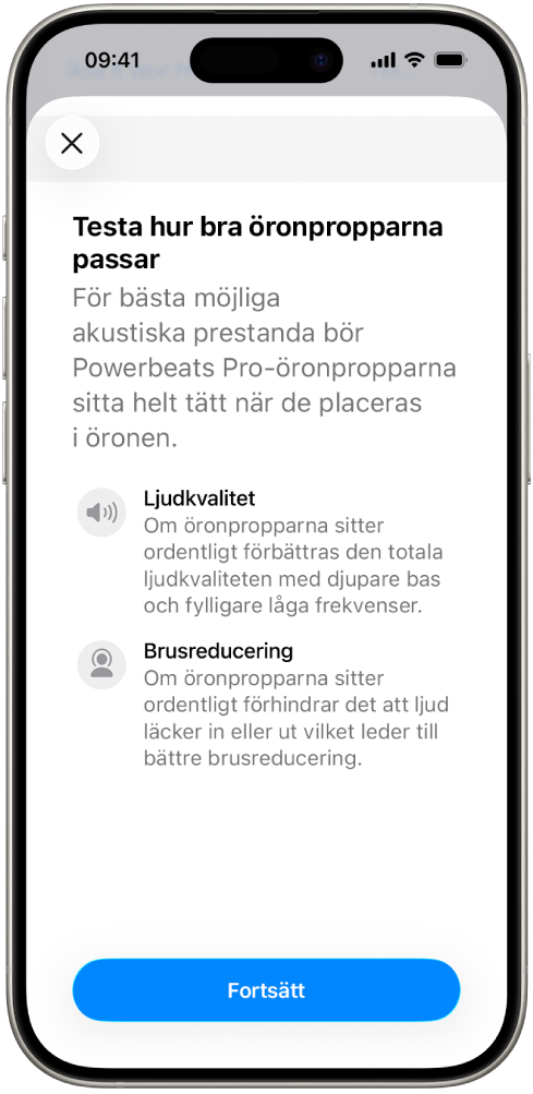 En iPhone-skärm som visar Test av öronpropparnas passform.