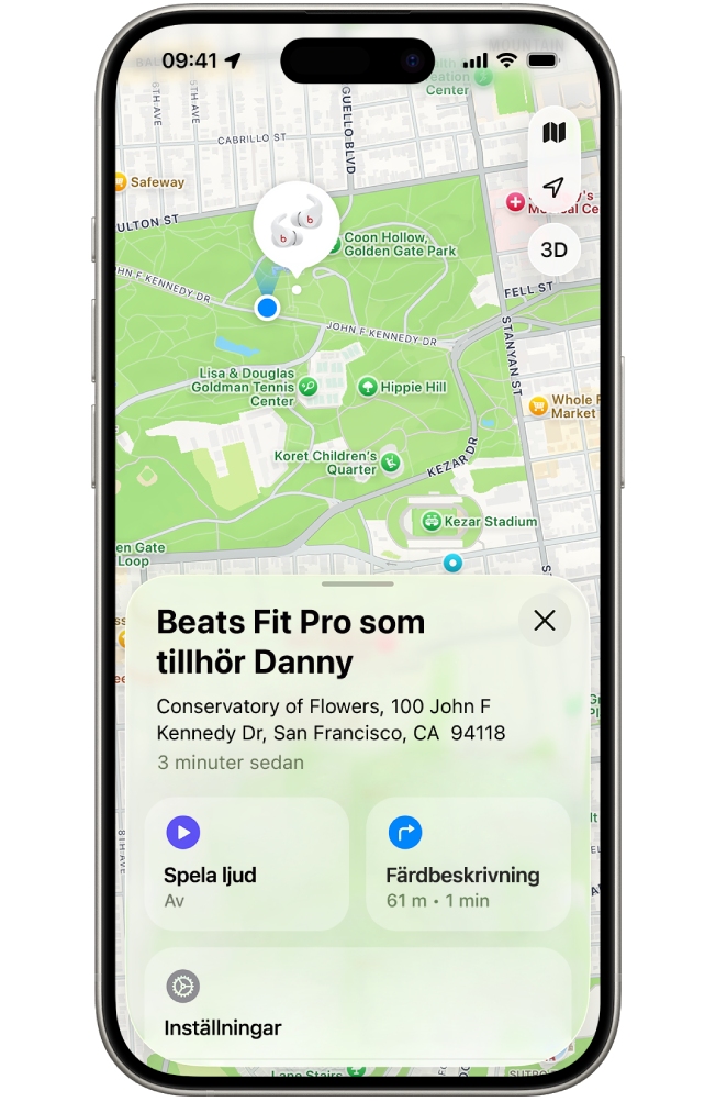 Skärmen för appen Hitta på iPhone visar platsen för Beats Fit Pro på en karta över San Francisco.