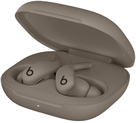 Powerbeats Fit-öronsnäckor och laddningsetui i grusgrått.