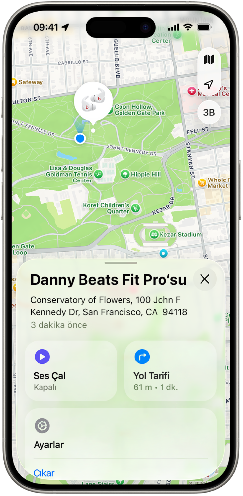 iPhone’daki Bul uygulaması ekranı, bir San Francisco haritasında Beats Fit Pro’nun konumunu gösteriyor.