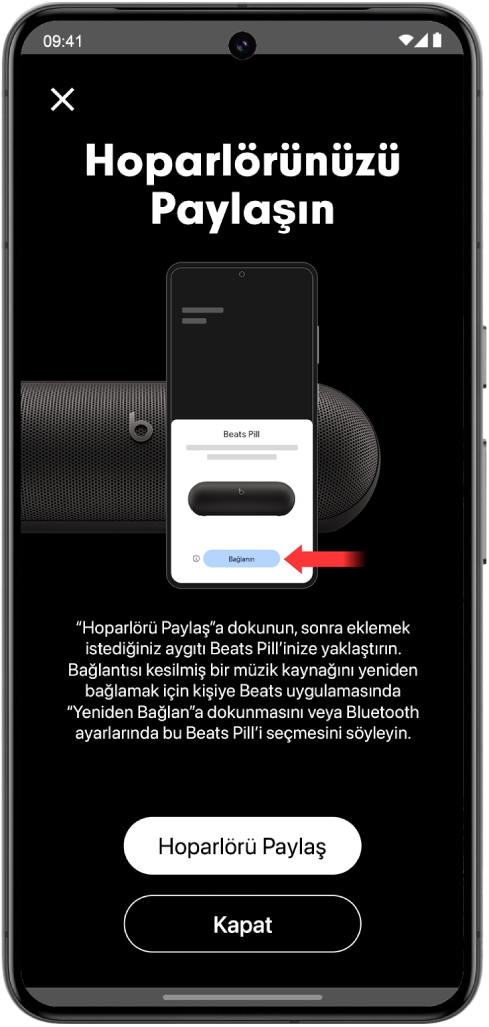 Beats uygulamasında Hoparlörü Paylaş ve Kapat düğmelerini gösteren Hoparlörünüzü Paylaşın ekranı.