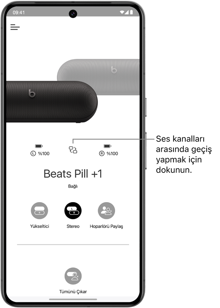 Beats uygulamasındaki aygıt ekranı, bir stereo grubundaki iki bağlı Beats Pill hoparlörünü ve ses kanallarını değiştirme düğmesini gösteriyor.