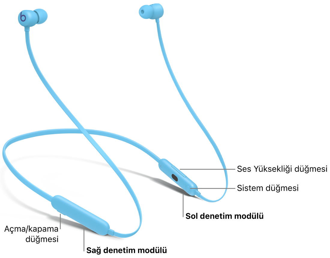 Sağ denetim bölümündeki açma/kapama düğmesinin ve sol denetim bölümündeki ses yüksekliği düğmesi ile sistem düğmesinin yerlerini gösteren Beats Flex görüntüsü.