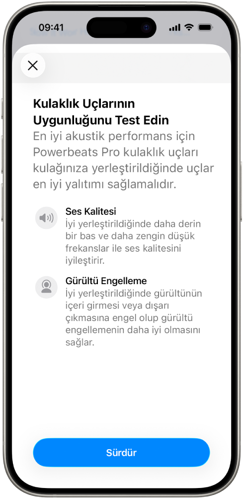Kulaklık Ucu Uyum Testi’ni gösteren bir iPhone ekranı.