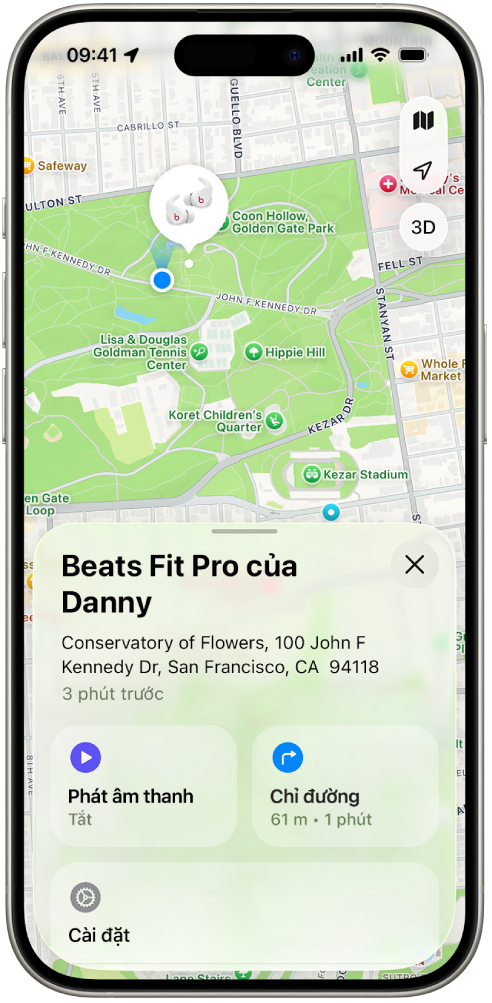 Màn hình ứng dụng Tìm trên iPhone đang hiển thị vị trí của Beats Fit Pro trên bản đồ San Francisco.