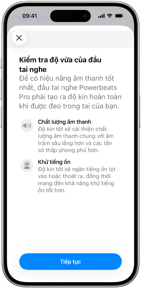Màn hình iPhone hiển thị Kiểm tra độ vừa vặn của đầu tai nghe.