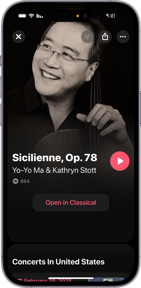 شاشة مسار Shazam تعرض نتيجة تحديد أغنية كلاسيكية وزر Open in Classical (فتح في Classical)
