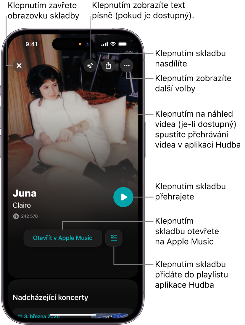 Ovládací prvky na obrazovce skladby na iPhonu