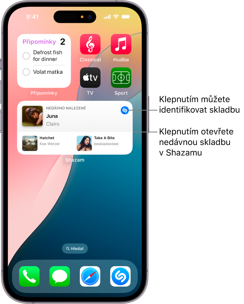 Widget Shazam v zobrazení dnešního dne na iPhonu