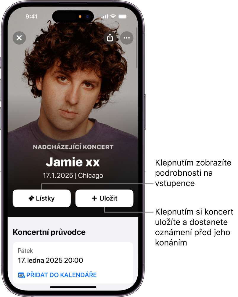Průvodce koncertem v Shazamu s tlačítky Vstupenky a Uložit a s datem konání nadcházejícího koncertu hudebníka Jamieho xx
