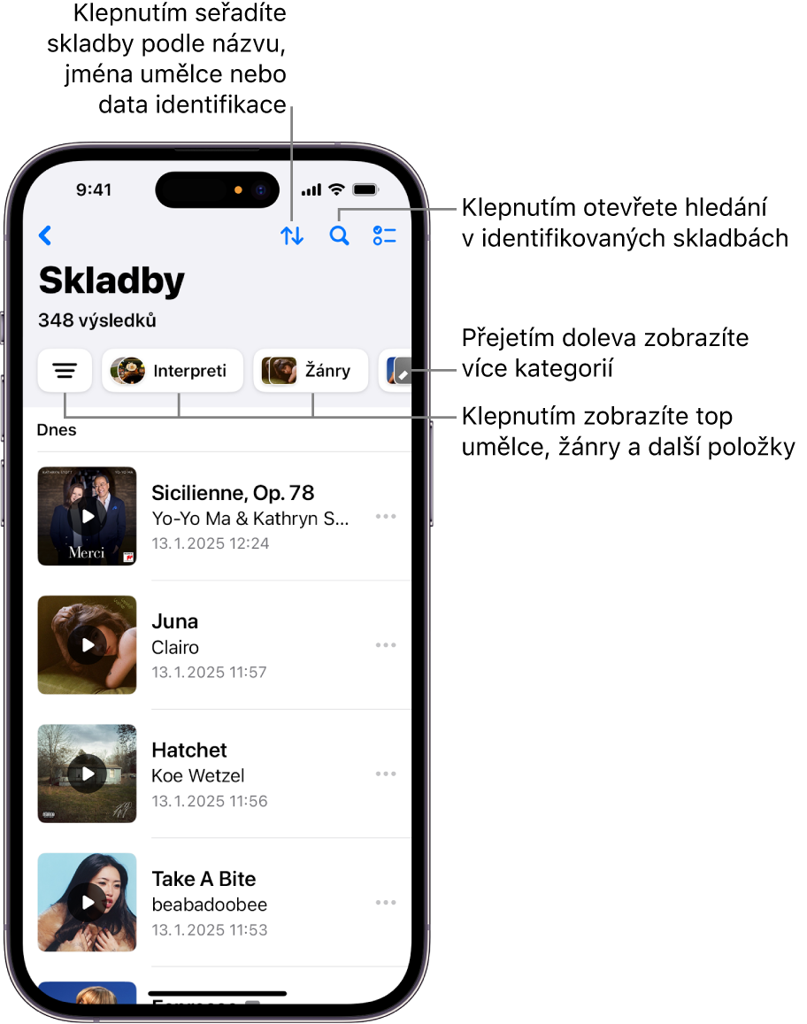 Seznam rozpoznaných skladeb s vyhledávacím polem a ovládacím prvkem pro posouvání