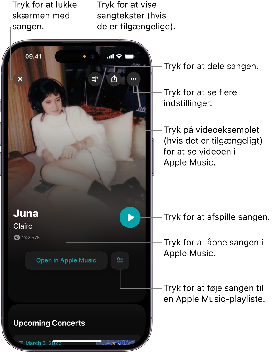 Betjeningsmuligheder på en sangs skærm på iPhone