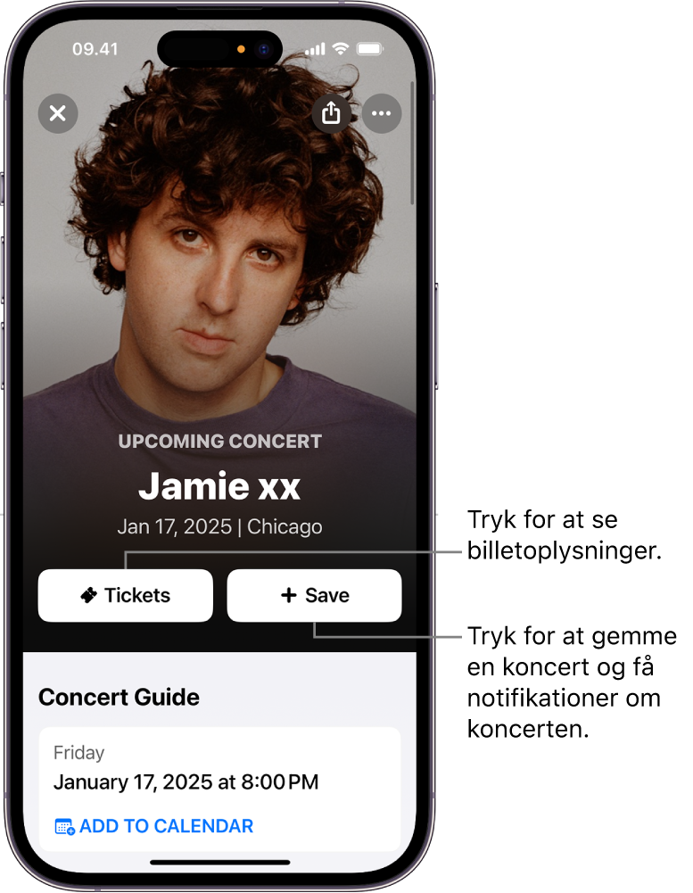 Koncertguiden i Shazam, der viser knapperne Tickets (Billetter) og Save (Gem) og en kommende koncertdato for kunstneren Jamie xx