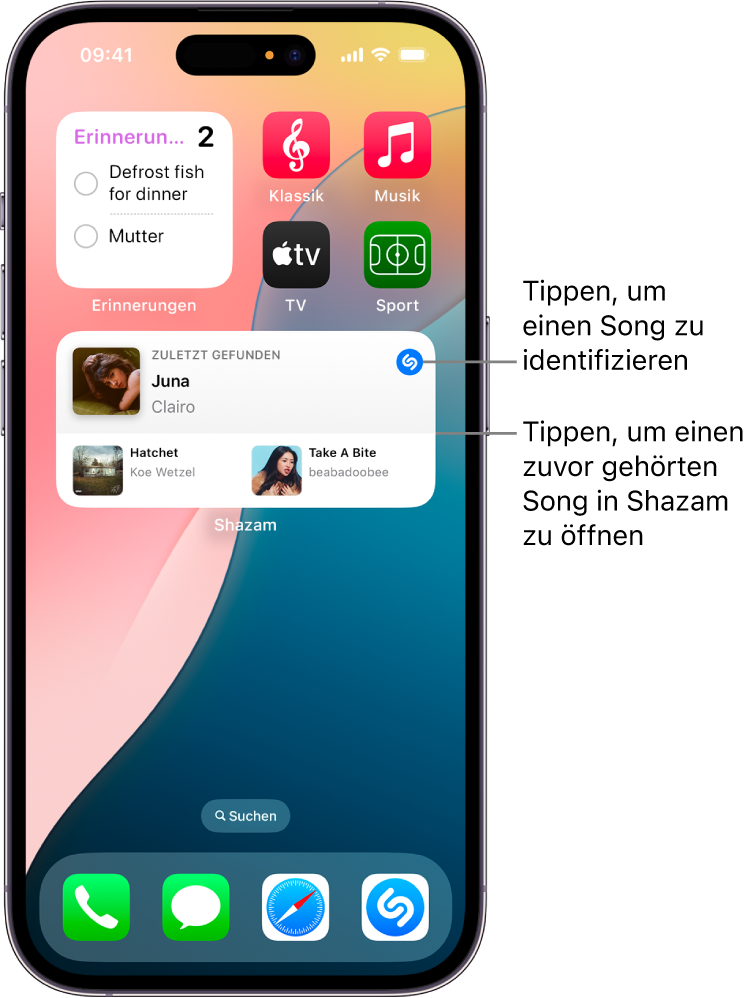 Ansicht „Heute“ auf dem iPhone mit dem Shazam-Widget