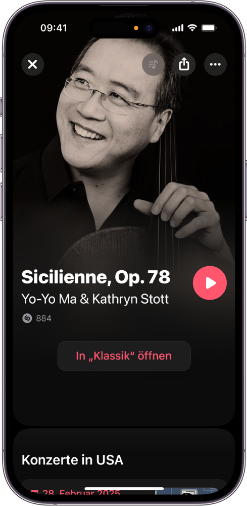 Der Titelbildschirm von Shazam mit einem identifizierten Klassiktitel und der Taste „In ‚Classical‘ öffnen“.