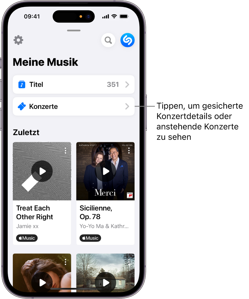 Die Shazam-Seite „Meine Musik“ mit der Taste „Konzerte“