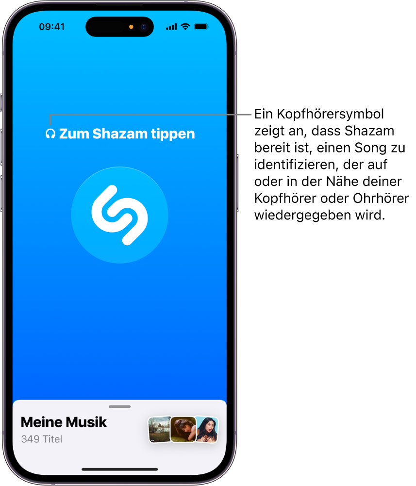 Die App „Shazam“ mit verbundenen Kopfhörern